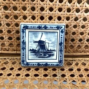 Mini Delft Holland Blue White Hand Painted Windmill Ceramic Tile